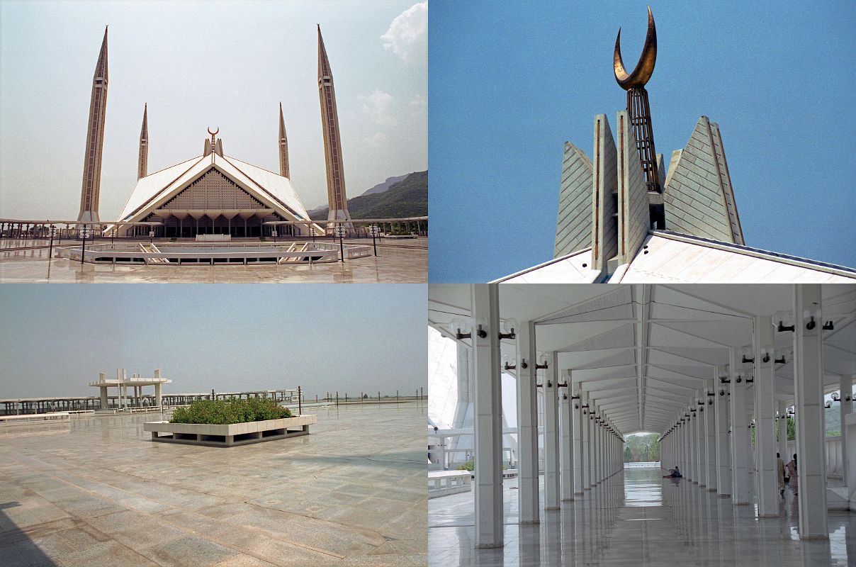 04 Islamabad Shah Faisal Mosque The Shah Faisal Mosque in Islamabad is spread over 189,705-sq. metres with 88m high minarets and 40m high main prayer hall. The main prayer hall can accommodate 10,000 persons while the covered porticoes and verandahs can take over 24,000 worshipers. The main courtyard has space for 40,000 people.